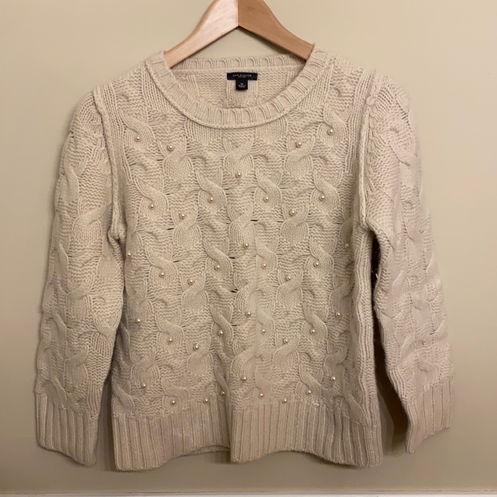 Ann Taylor Cream Wool Sweater with Pearls - Size M